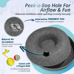 MeowMates Peekaboo round tunnel with hanging ball encourages active play.