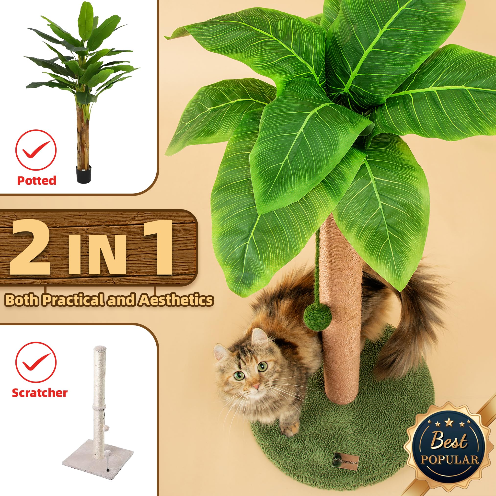 Meowoou cat tree with multi-level climbing and sisal surfaces for scratching.