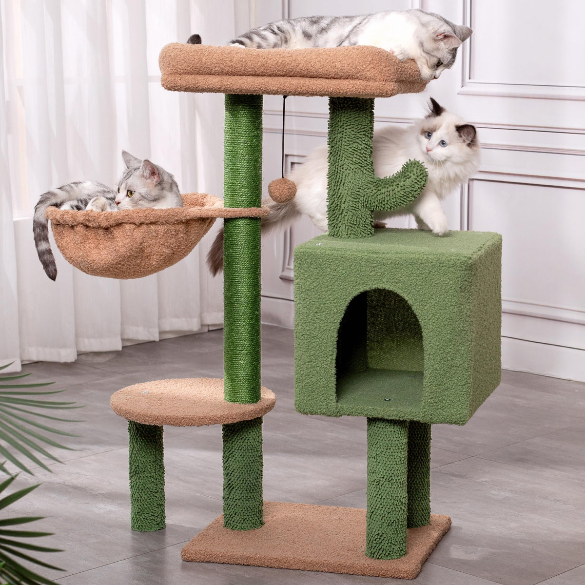 Meowrista cactus cat tree overview showcases a vibrant green 34-inch play space
