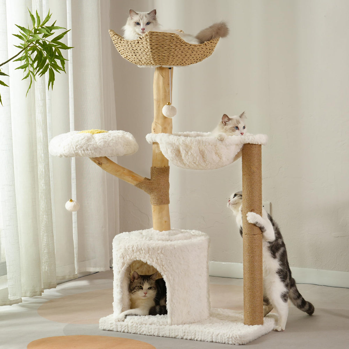 Meowrista modern cat tree top basket lounging area for large cats.