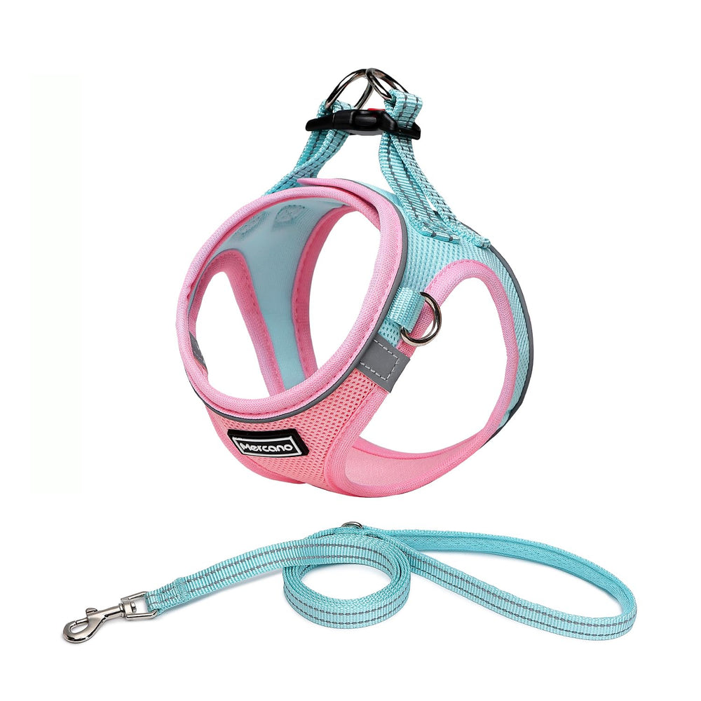 Mercano soft mesh harness pink-blue front view for comfortable daily walks