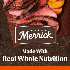 Merrick 63% protein and healthy fat blend graphic illustrating balanced nutrition for adult dogs.