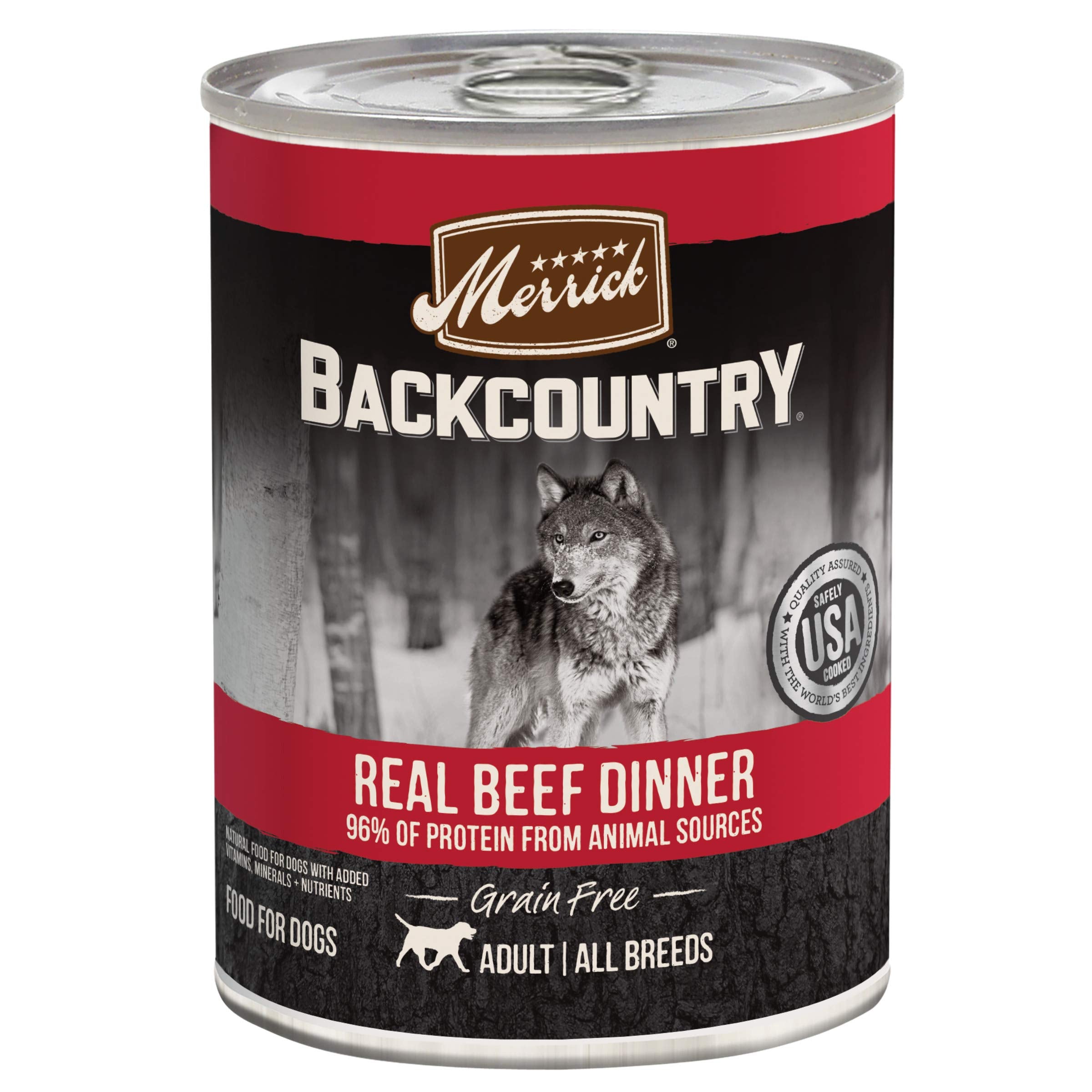 Merrick Backcountry beef dinner cans show real deboned beef for a protein-rich, grain-free meal.