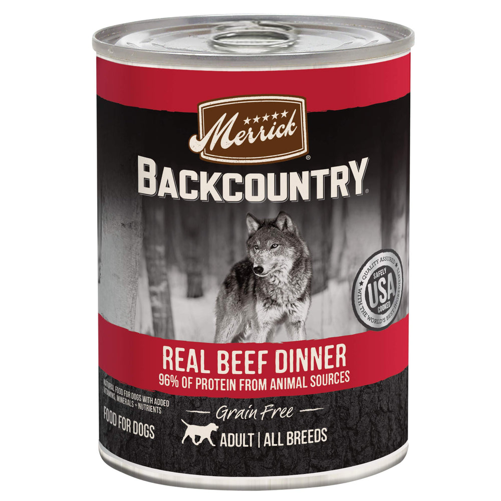 Merrick Backcountry beef dinner cans show real deboned beef for a protein-rich, grain-free meal.