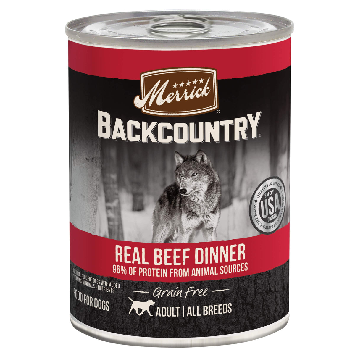 Merrick Backcountry beef dinner cans show real deboned beef for a protein-rich, grain-free meal.