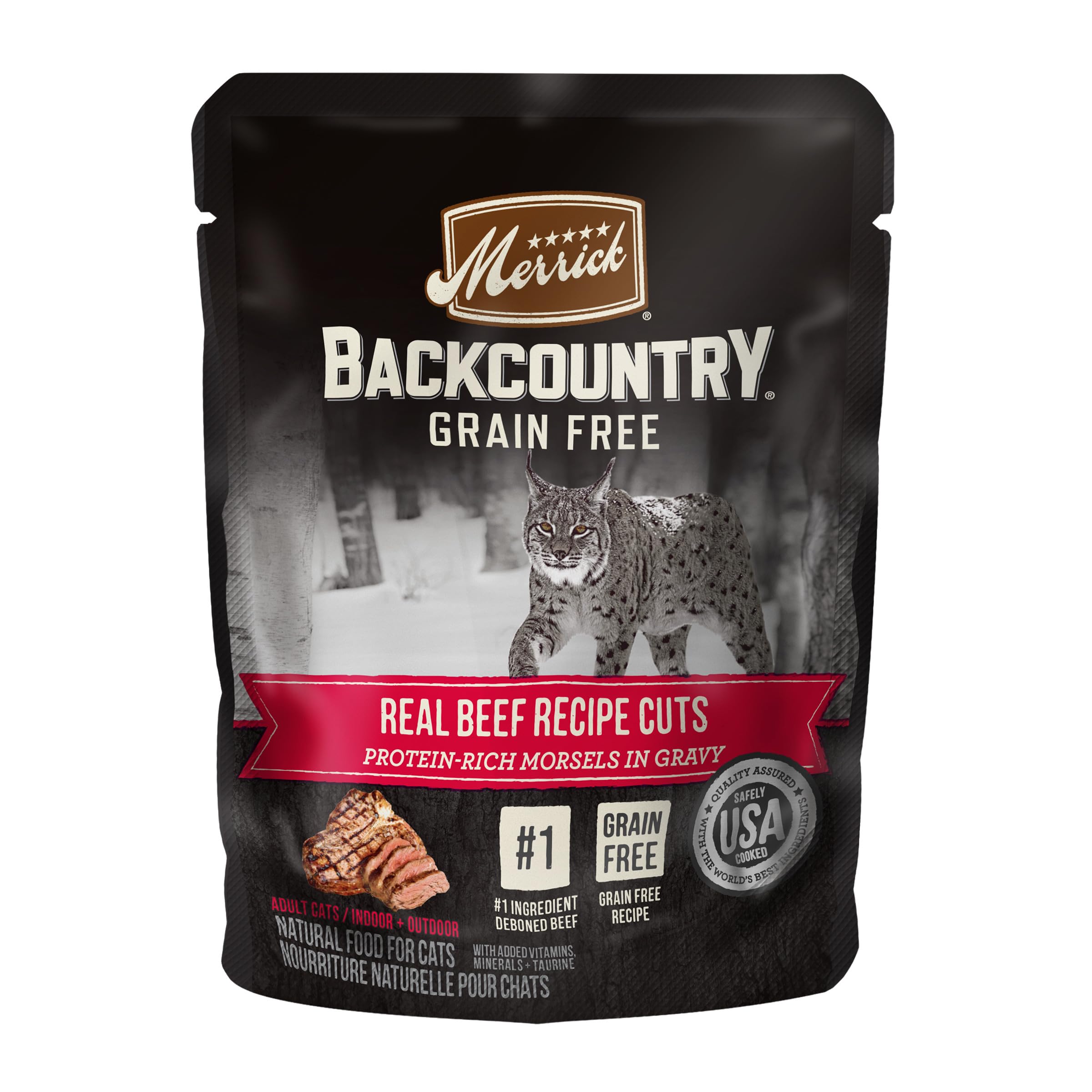 Merrick Backcountry beef-recipe-cuts-morsels-in-gravy-pouch, a savory moist meal for cats.