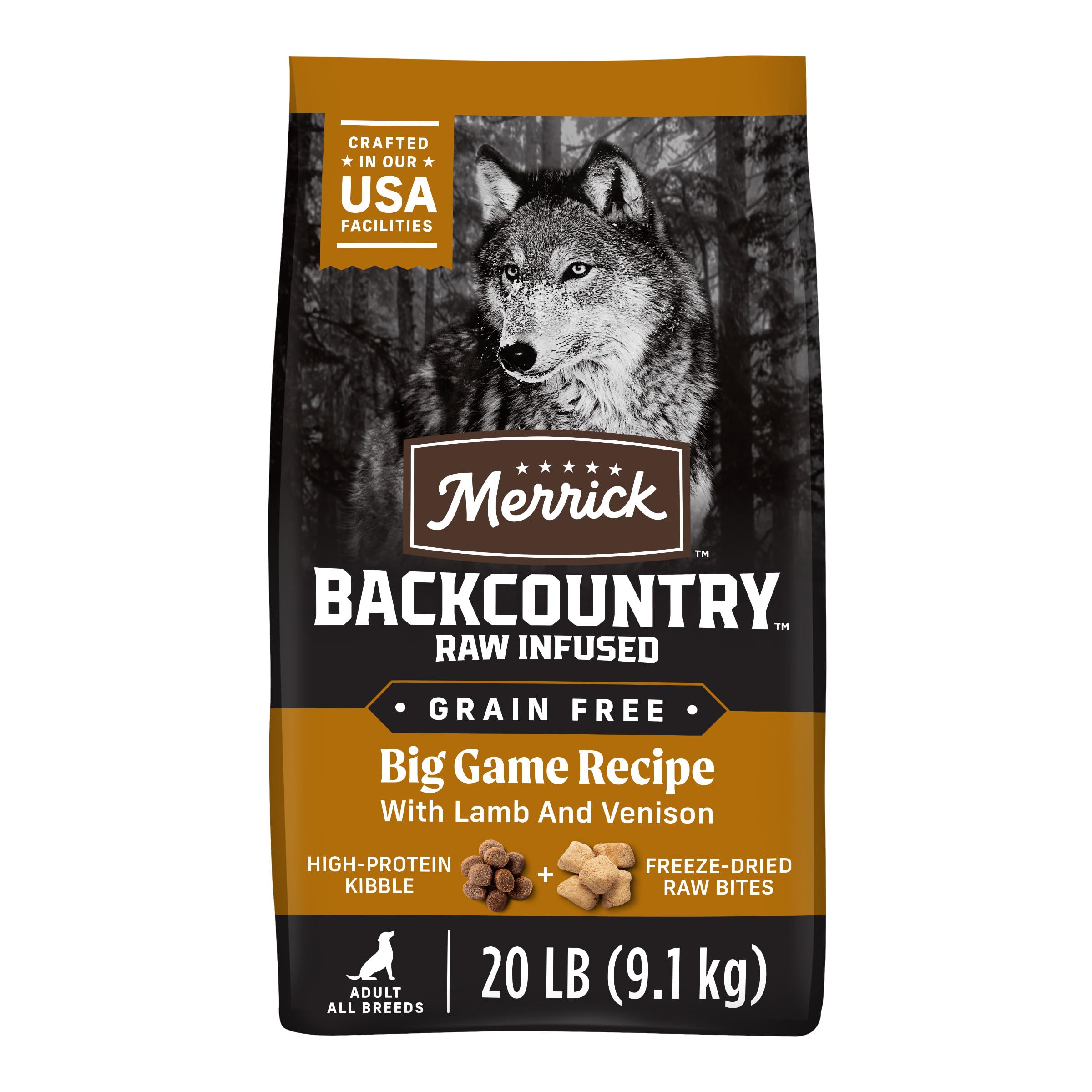 Merrick Backcountry big game kibble with raw pieces in a bowl offering a balanced meal.