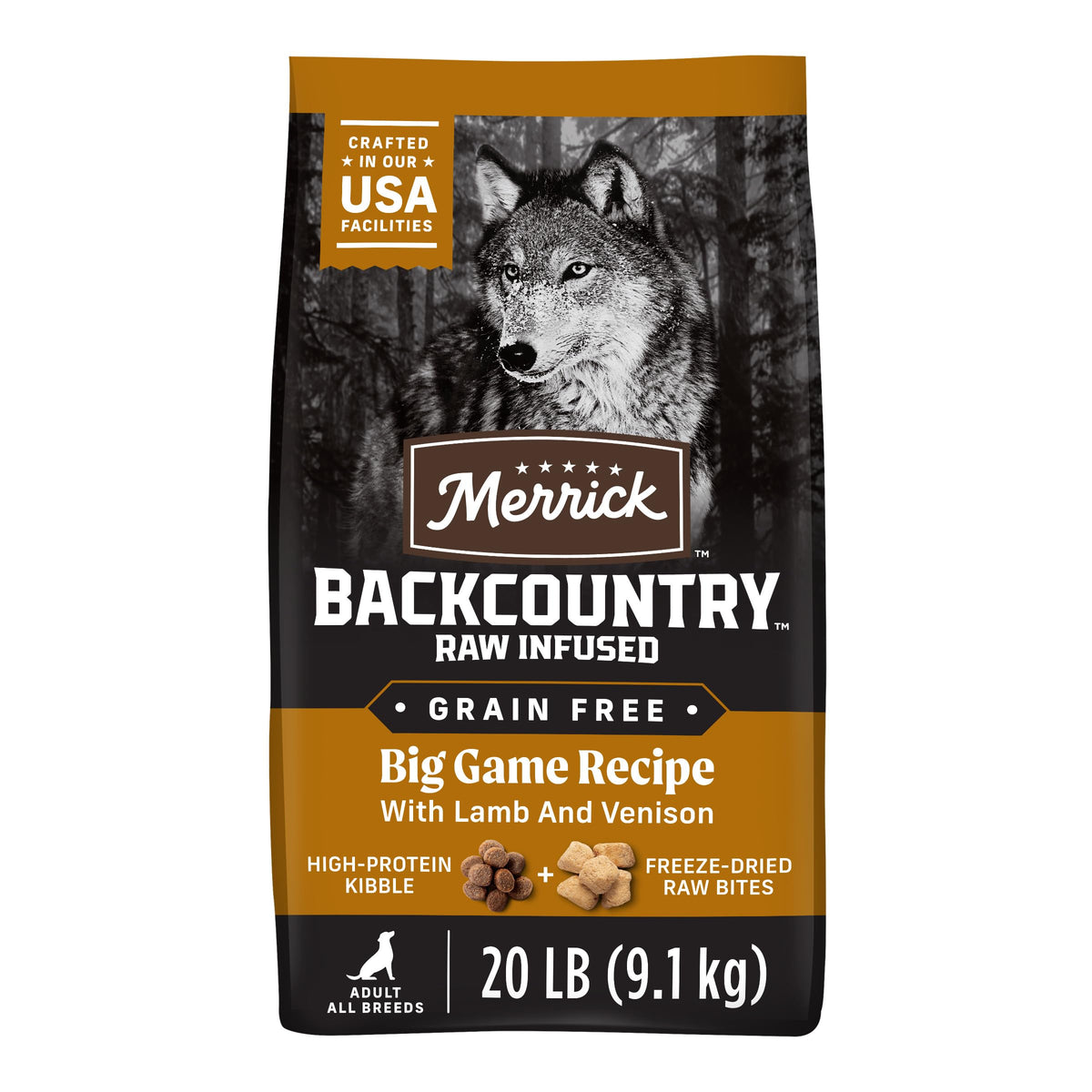 Merrick Backcountry big game kibble with raw pieces in a bowl offering a balanced meal.