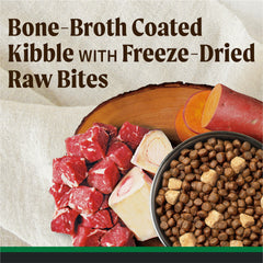 Merrick Backcountry bone broth-coated kibble entices with savory aroma.