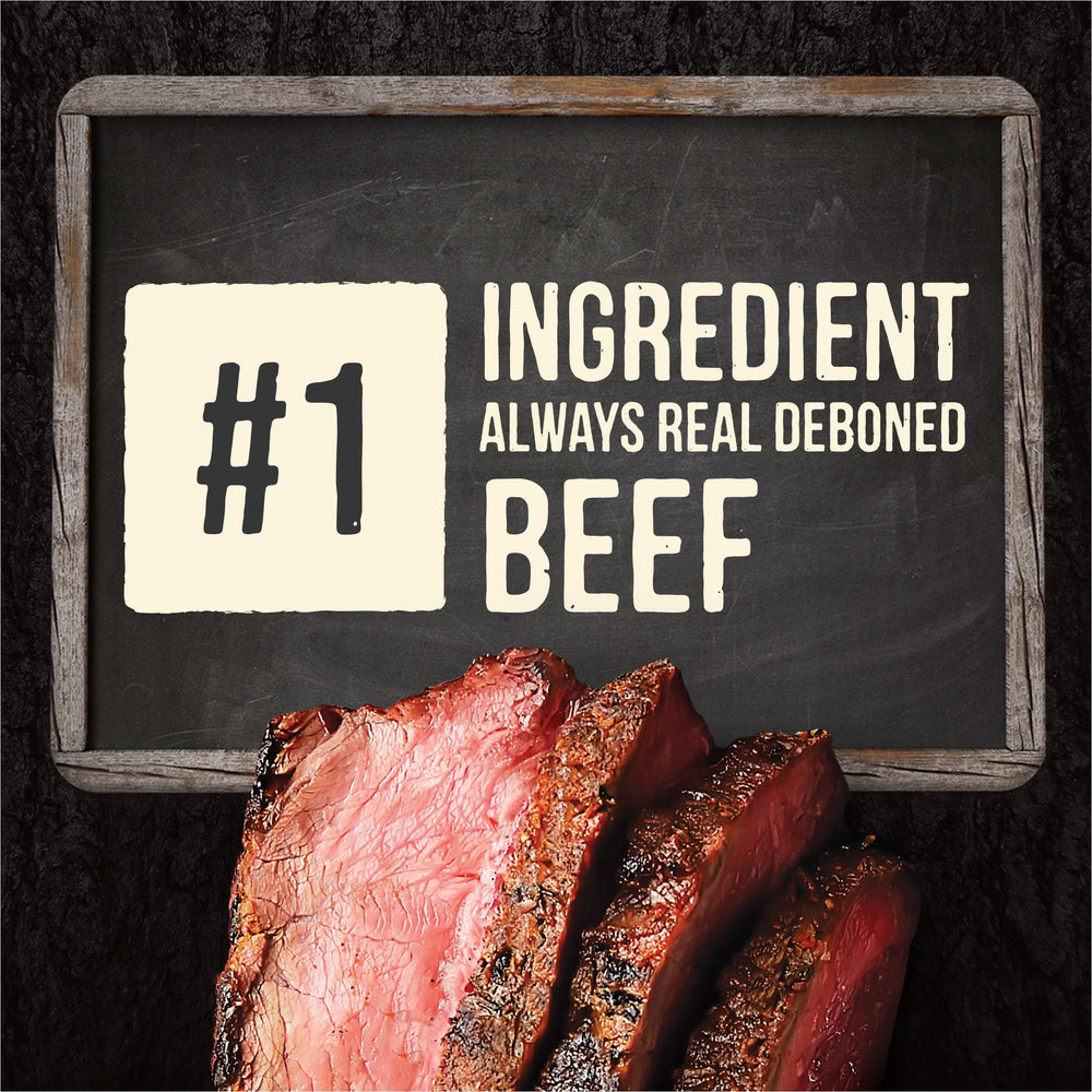 Merrick Backcountry deboned-beef-first-ingredient morsels-in-gravy, premium protein and flavor.