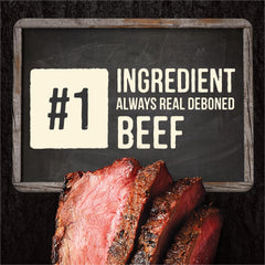 Merrick Backcountry deboned-beef-first-ingredient morsels-in-gravy, premium protein and flavor.