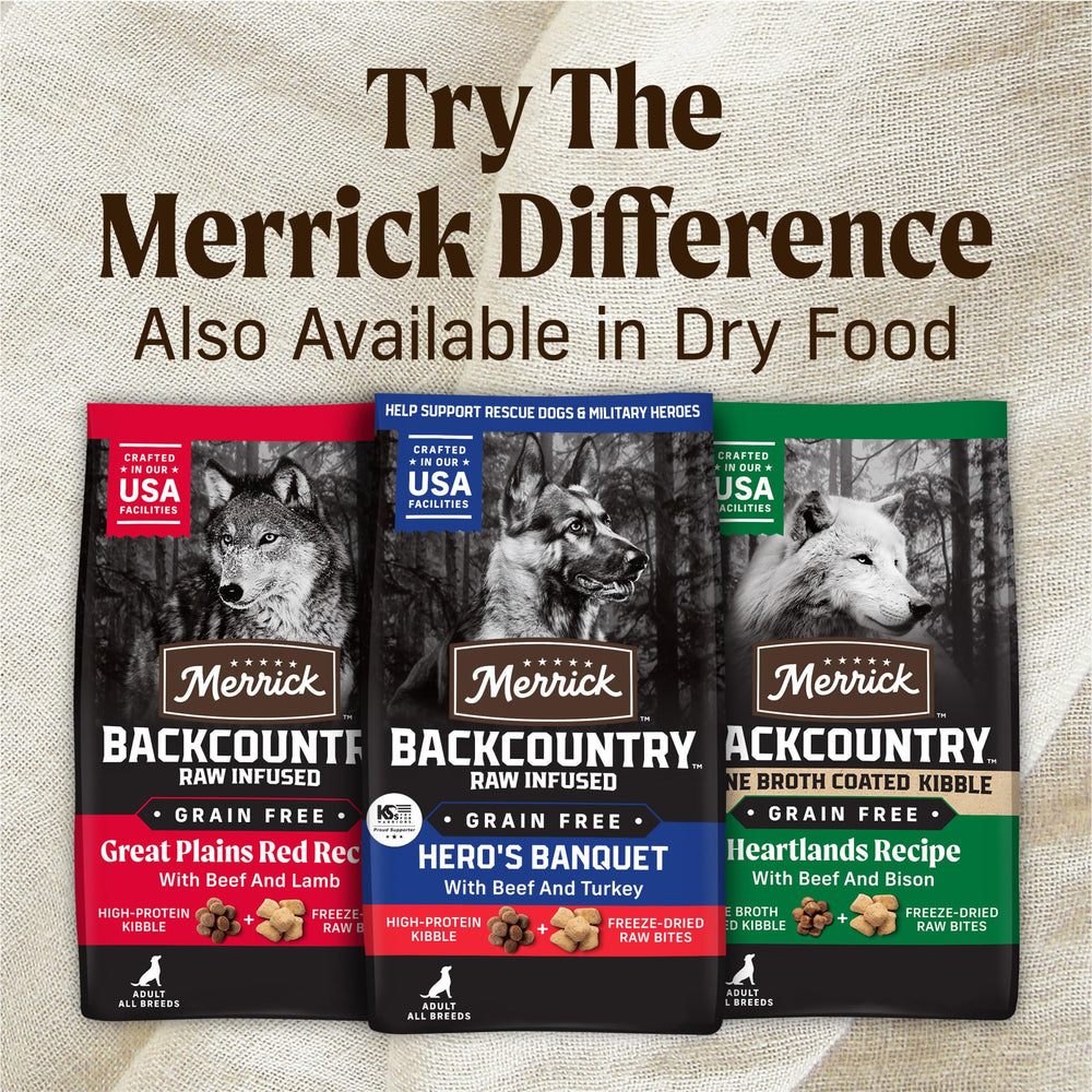 Merrick Backcountry dogs enjoying meal in bowl emphasizes tasty dining experience.