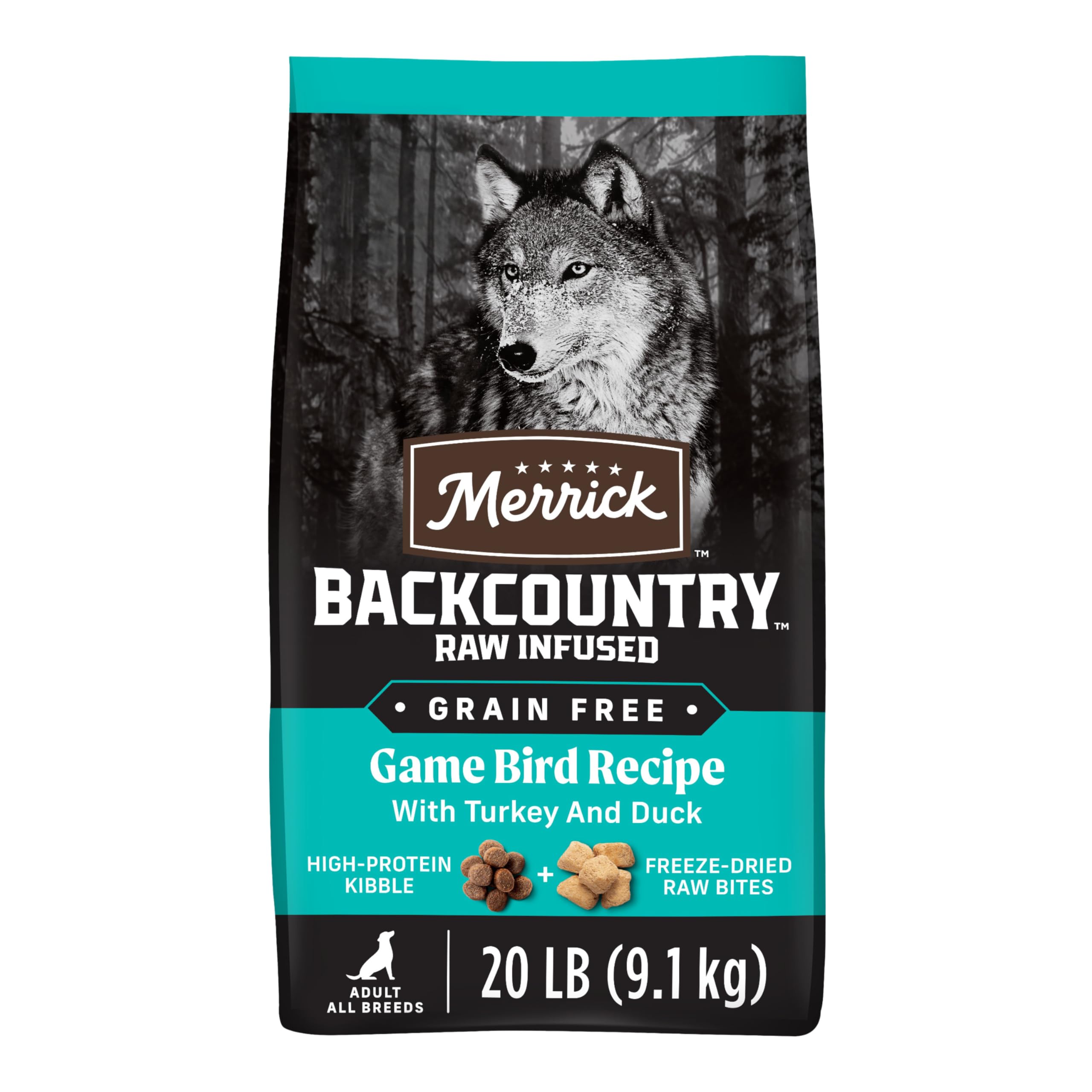 Merrick Backcountry Game Bird Recipe bag 20 lb shows grain-free formula