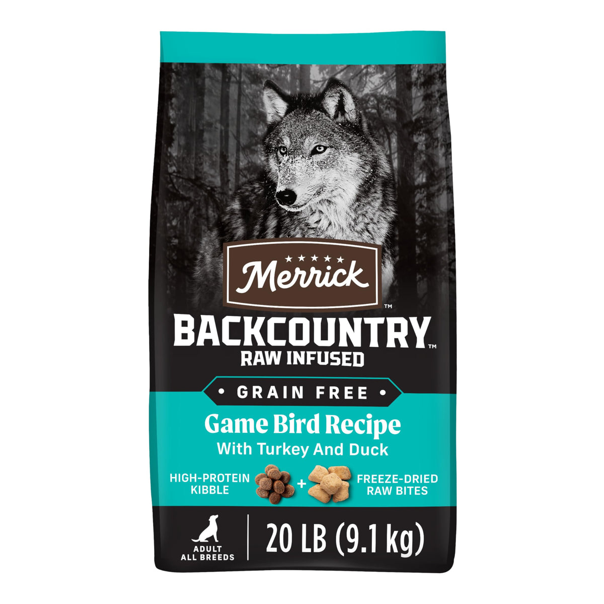 Merrick Backcountry Game Bird Recipe bag 20 lb shows grain-free formula