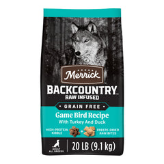 Merrick Backcountry Game Bird Recipe bag 20 lb shows grain-free formula