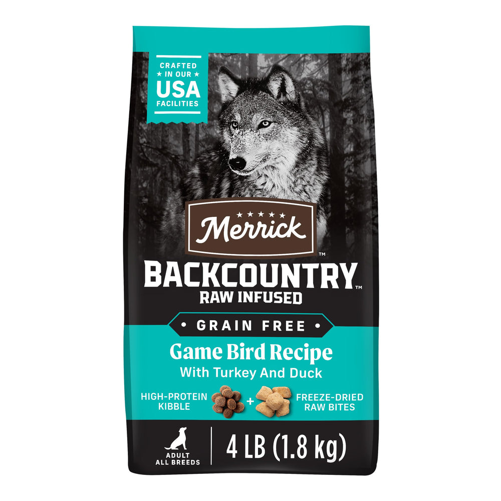 Merrick Backcountry Game Bird Recipe 4 lb bag shown for convenient dog feeding