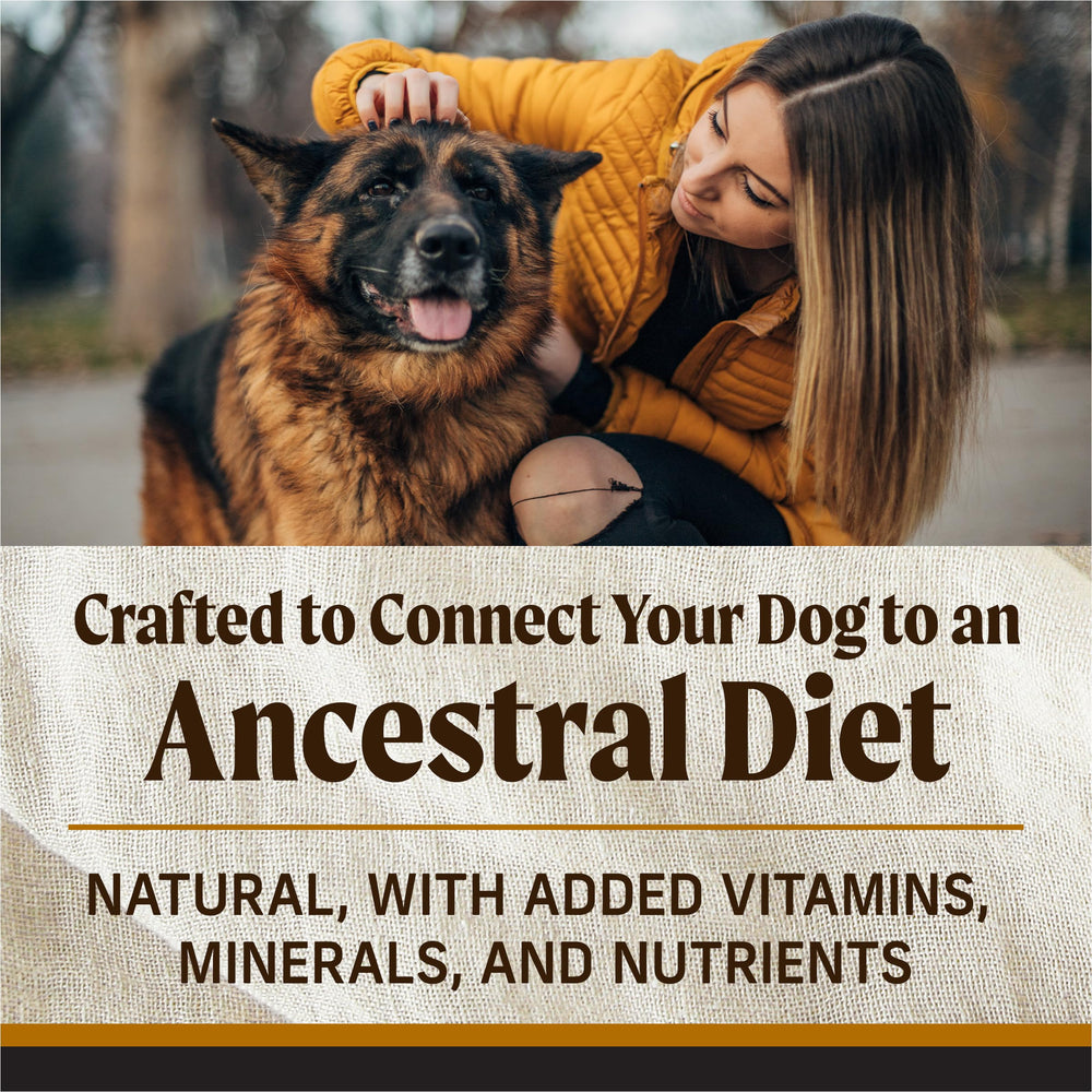 Merrick Backcountry grain-free recipe shown with chewable bites for sensitive digestion.