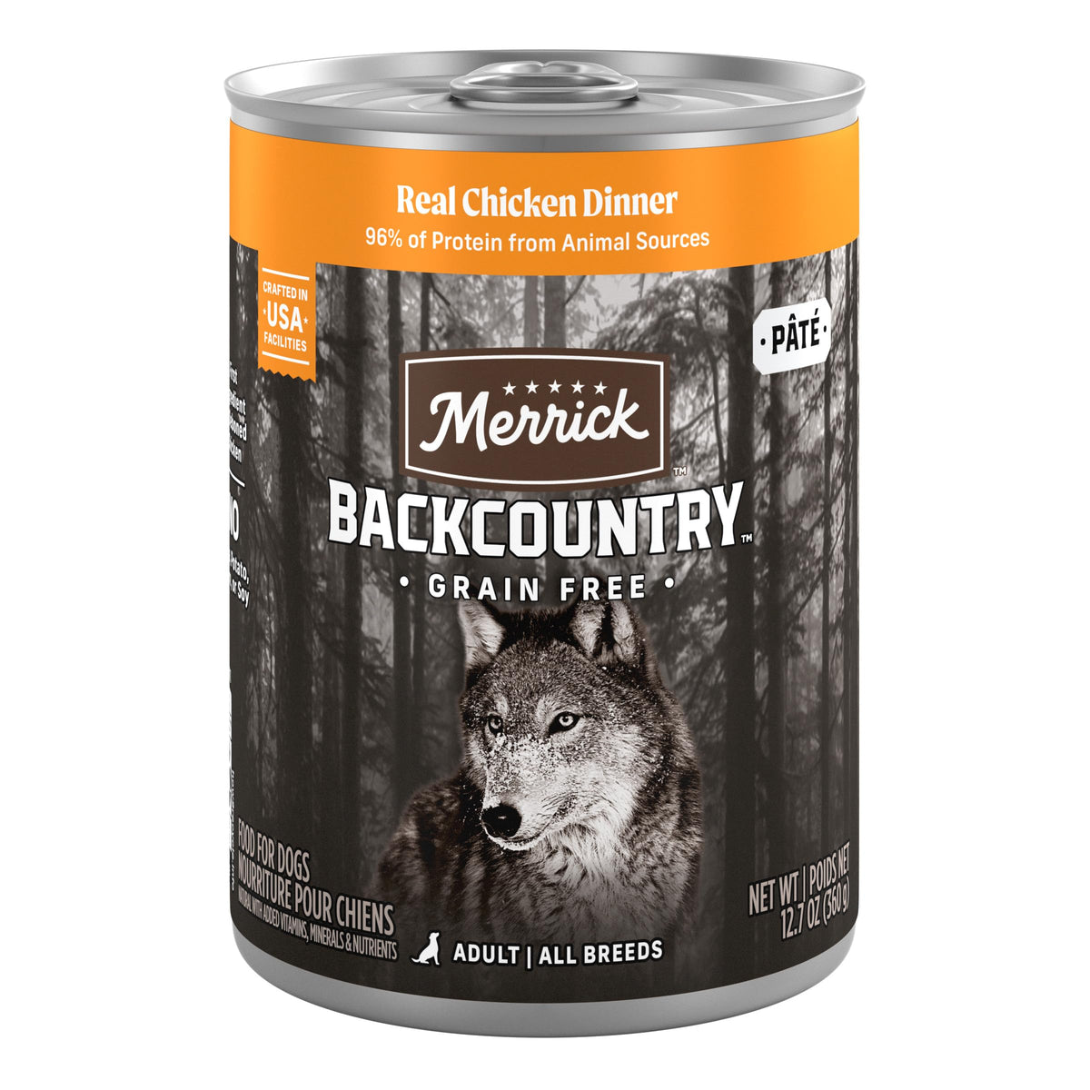 Merrick Backcountry grain-free real chicken dinner can front shows premium protein for daily meals.