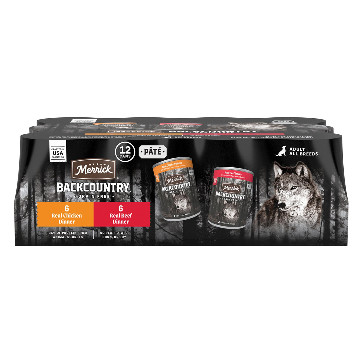Merrick Backcountry grain-free variety pack can front view shows protein-rich meals.