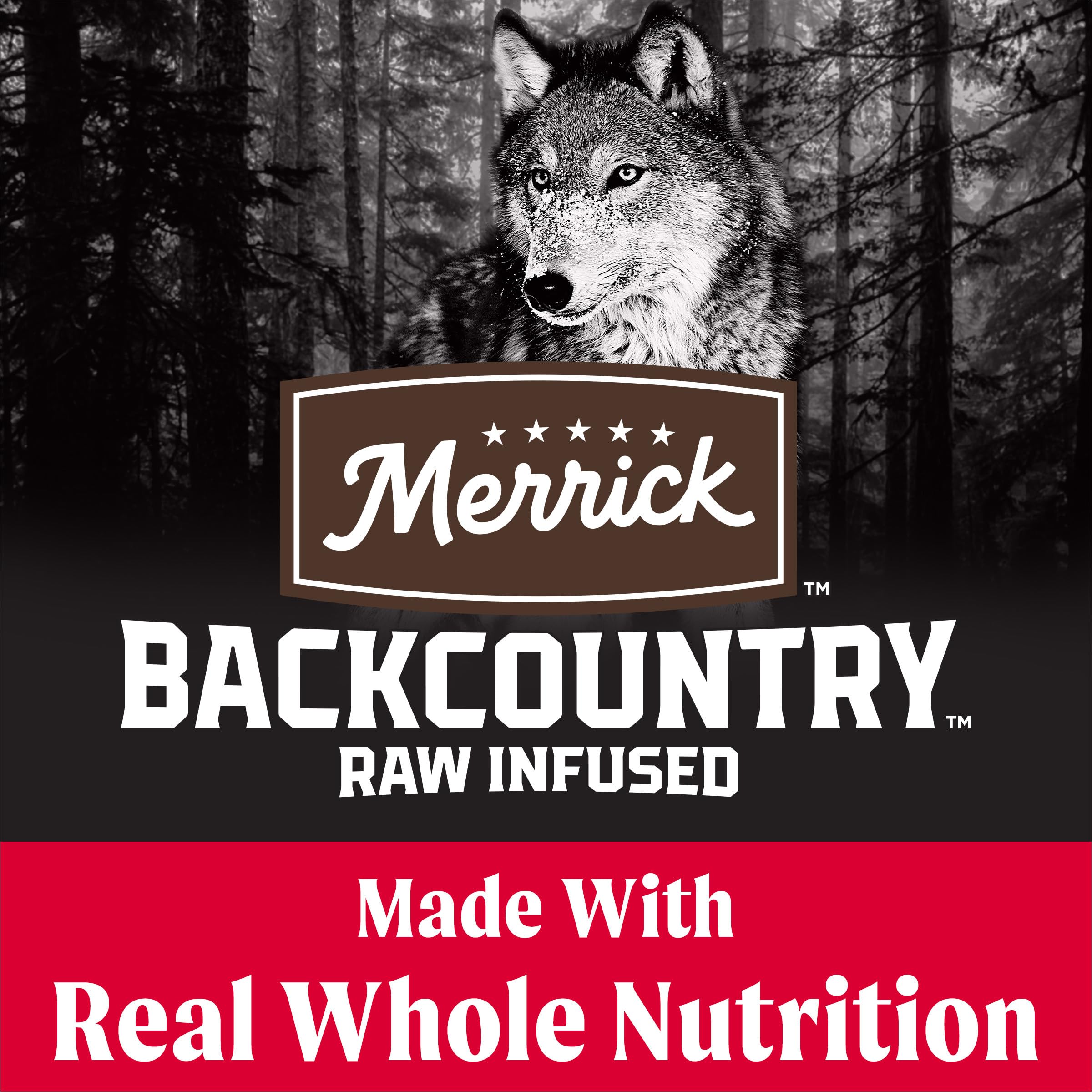 Merrick Backcountry bag back highlights gluten-free poultry-free recipe for sensitive dogs