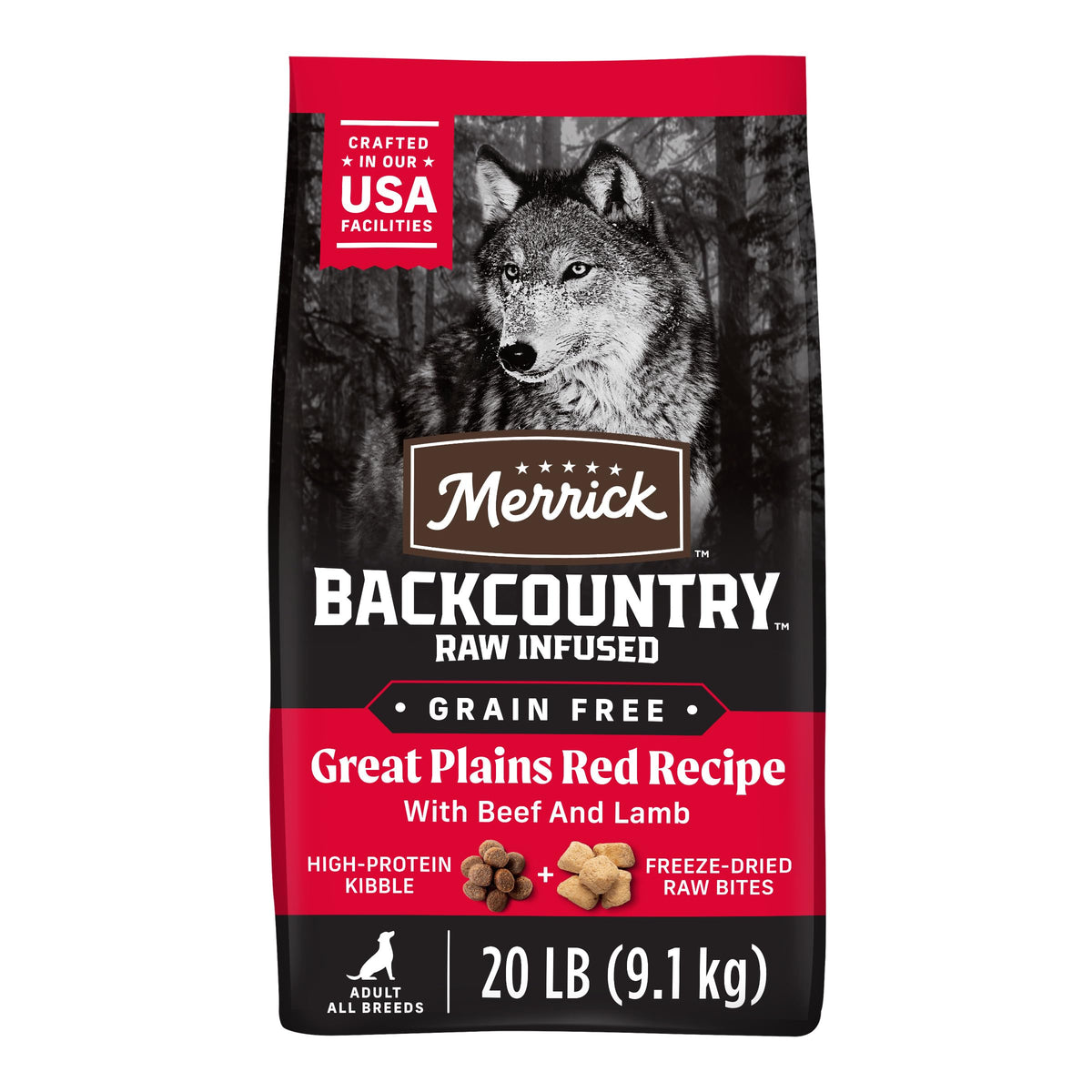 Merrick Backcountry Great Plains Red bag front shows grain-free formula for active dogs