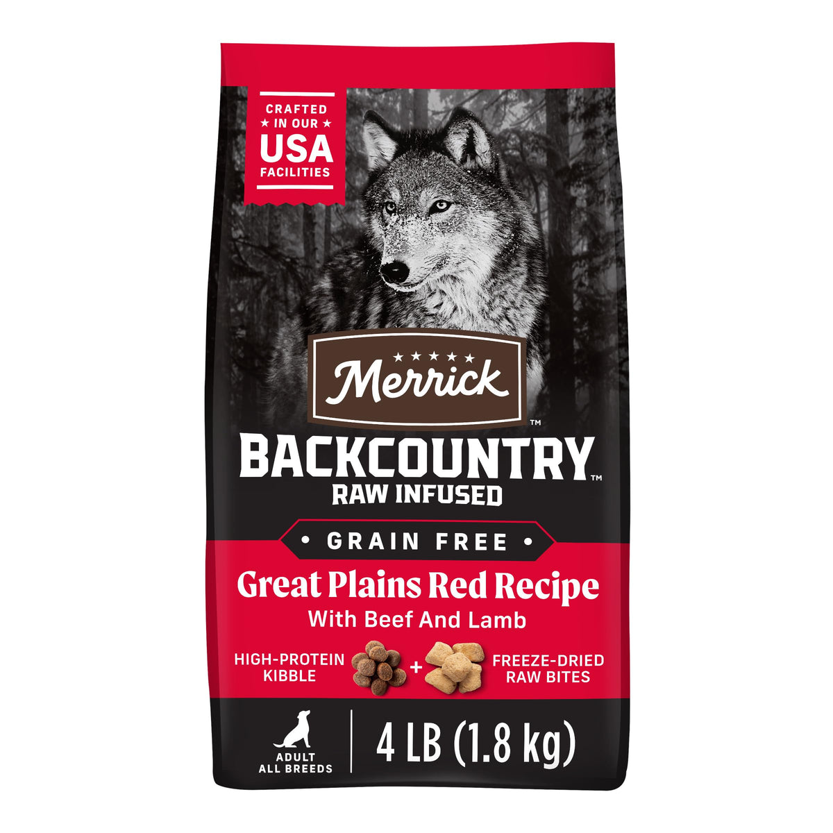 Merrick Backcountry Great Plains Red Recipe bag featuring grain-free, beef-first formula.
