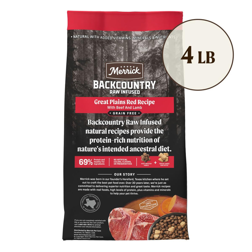 Gluten-free label signals grain-free formula for Merrick Backcountry Great Plains Red.