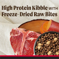 Merrick Backcountry kibble close-up highlighting texture and wholesome ingredients.