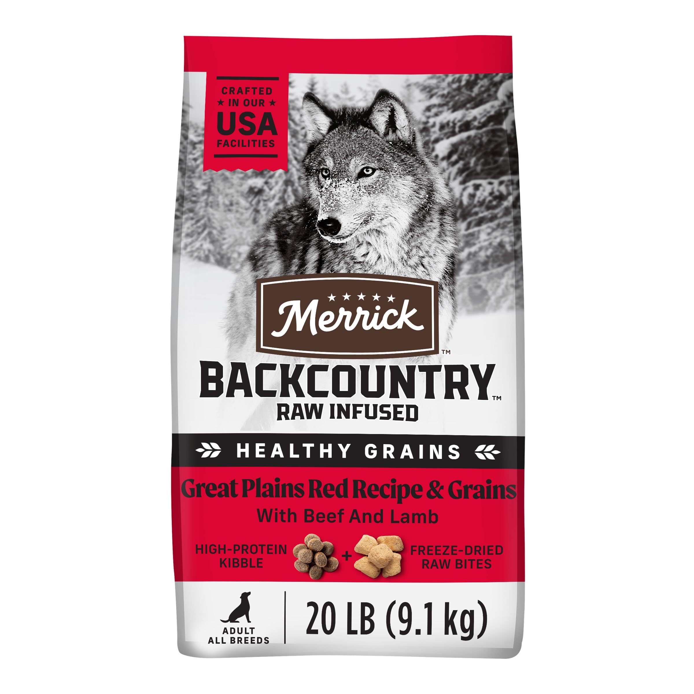 Merrick Backcountry Healthy Grains kibble with freeze dried raw pieces for active dogs