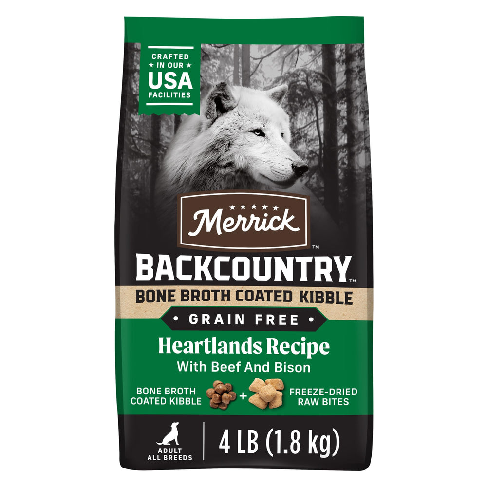 Merrick Backcountry Heartlands beef and bison kibble supports lean muscles.