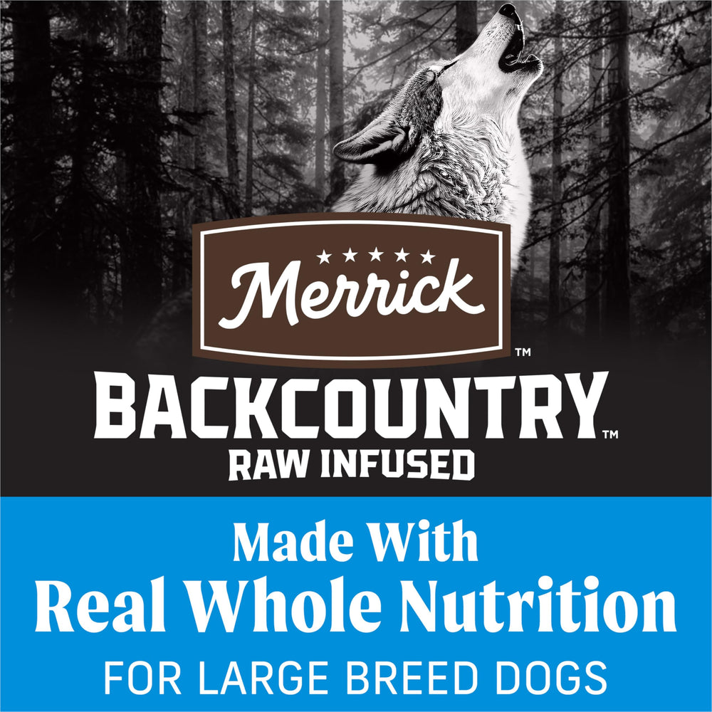 Merrick Backcountry large breed kibble close-up showing deboned chicken first ingredient.