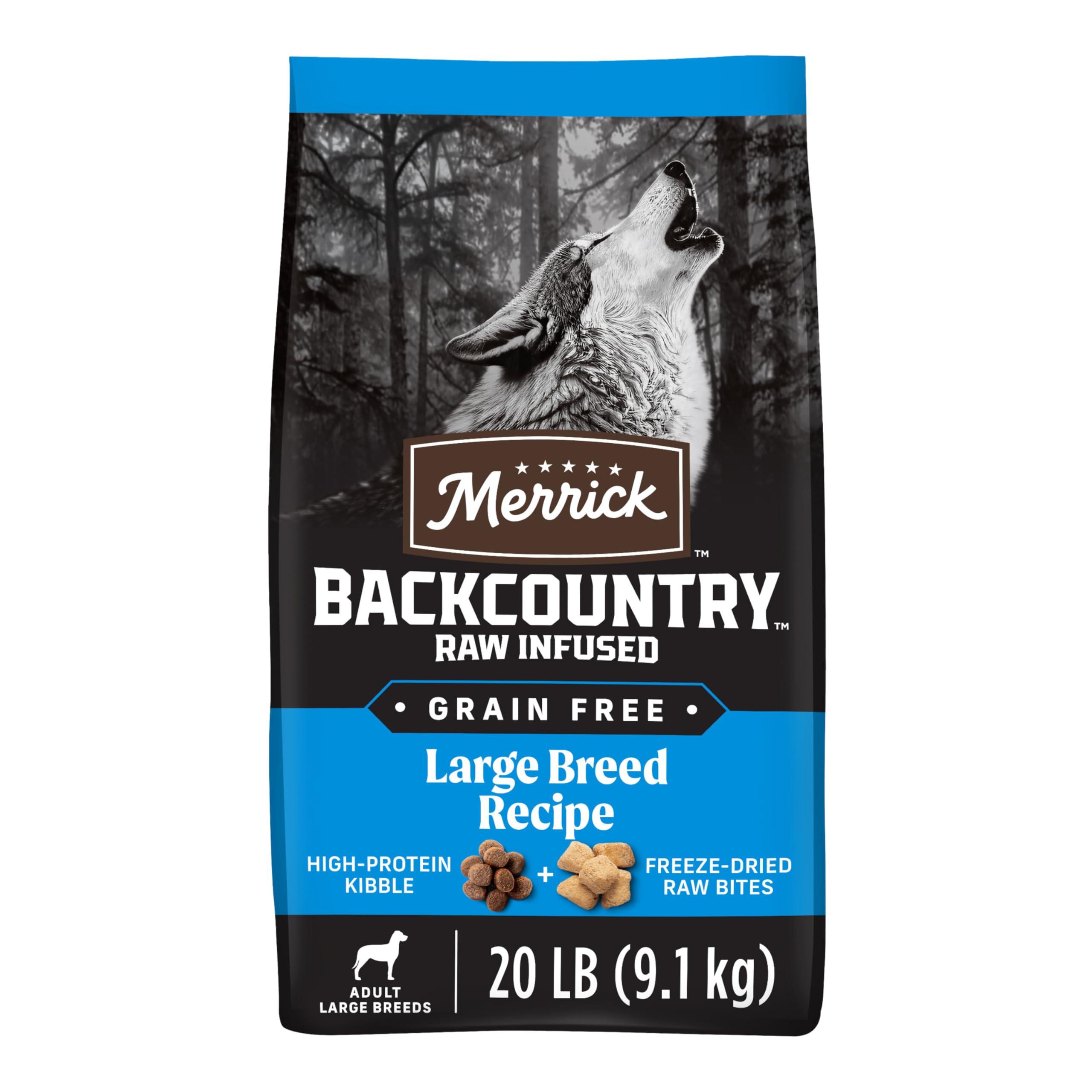 Merrick Backcountry large breed kibble with freeze-dried raw pieces in bag, ready to serve.