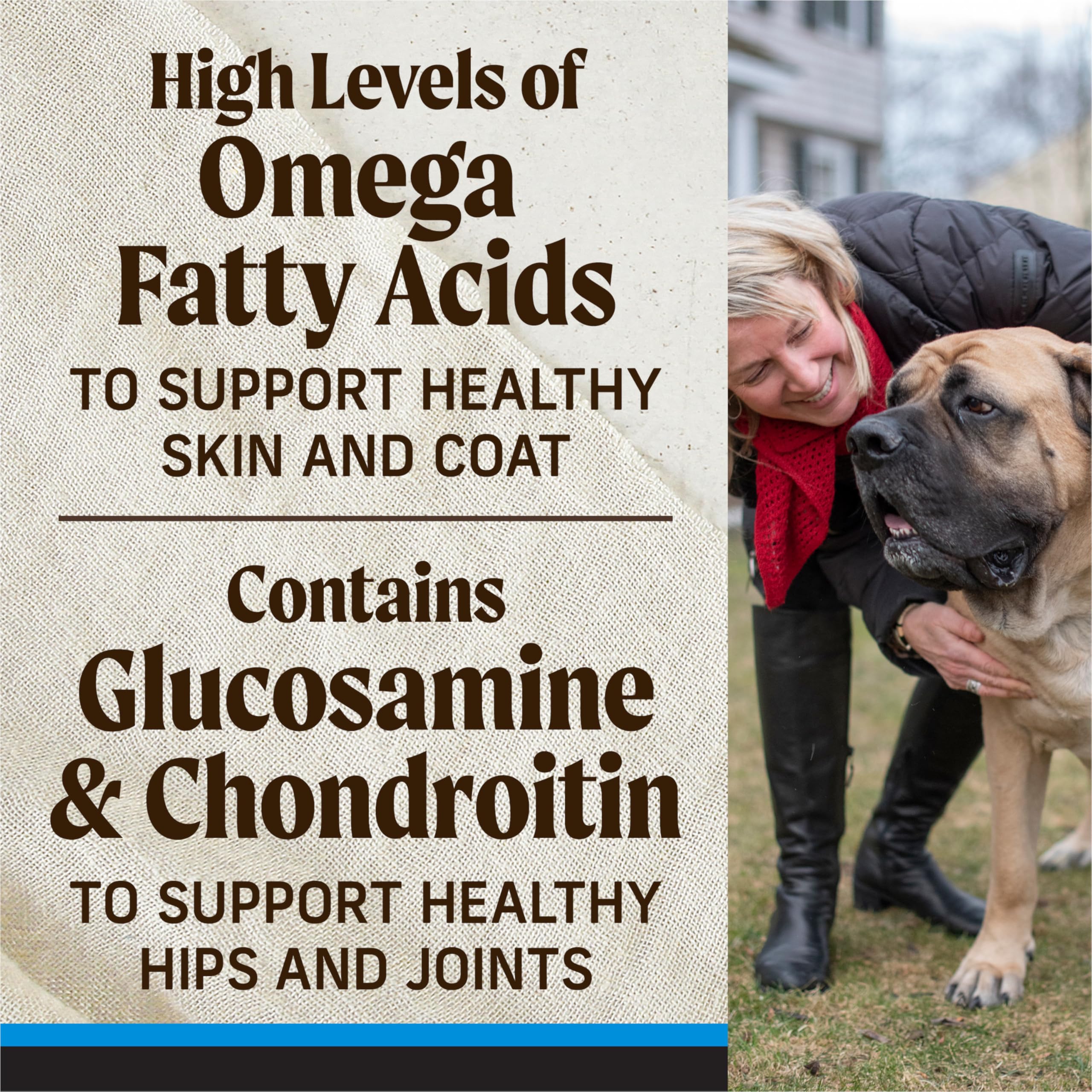 Merrick Backcountry omega fatty acids label promoting healthy skin and coat.