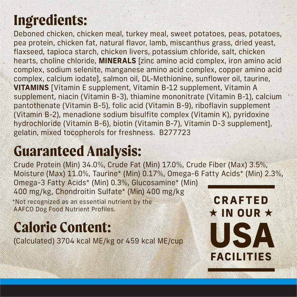 Merrick Backcountry serving suggestion image showing large breed feeding on kibble.