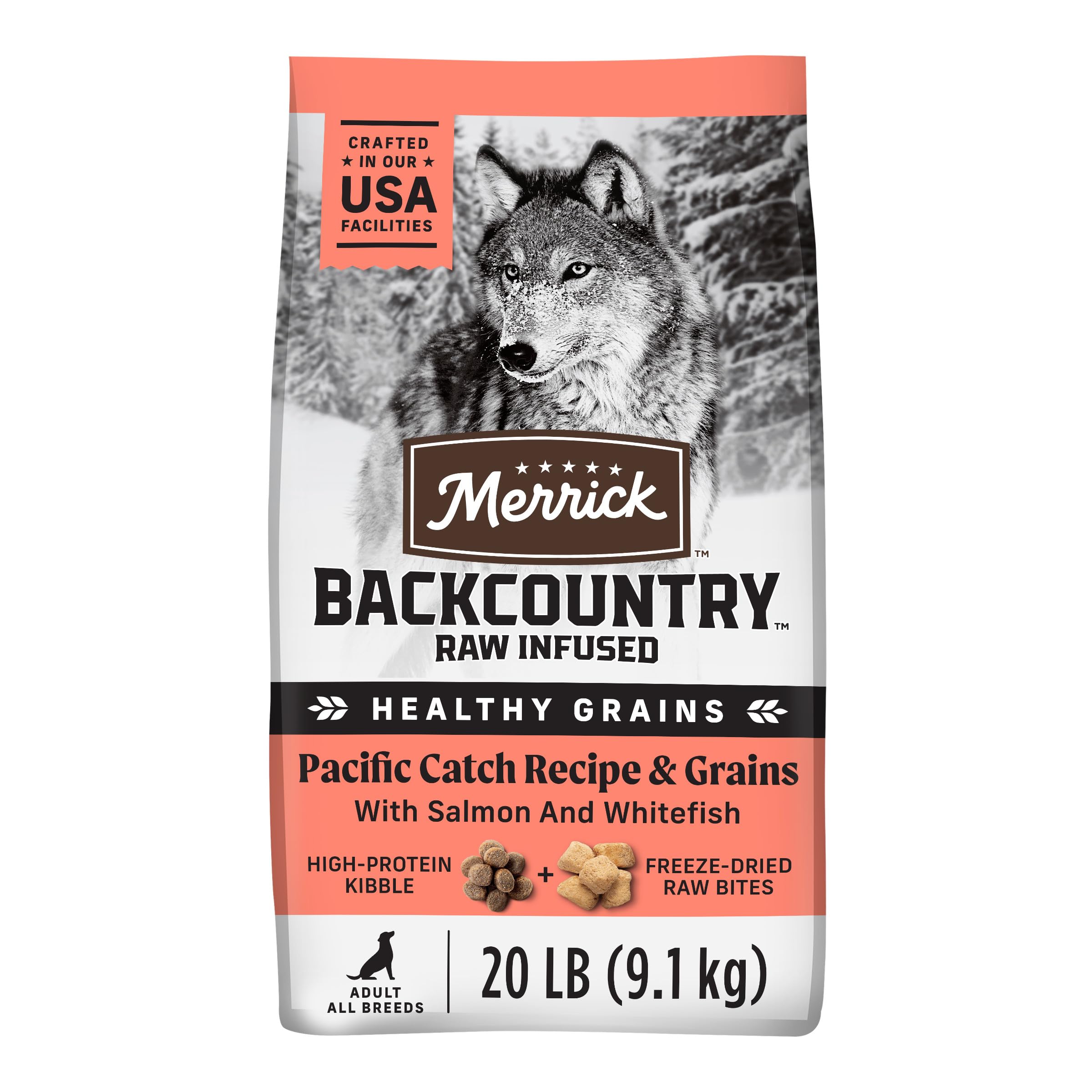 Merrick Backcountry Pacific Catch bag shows premium protein formula for active dogs.