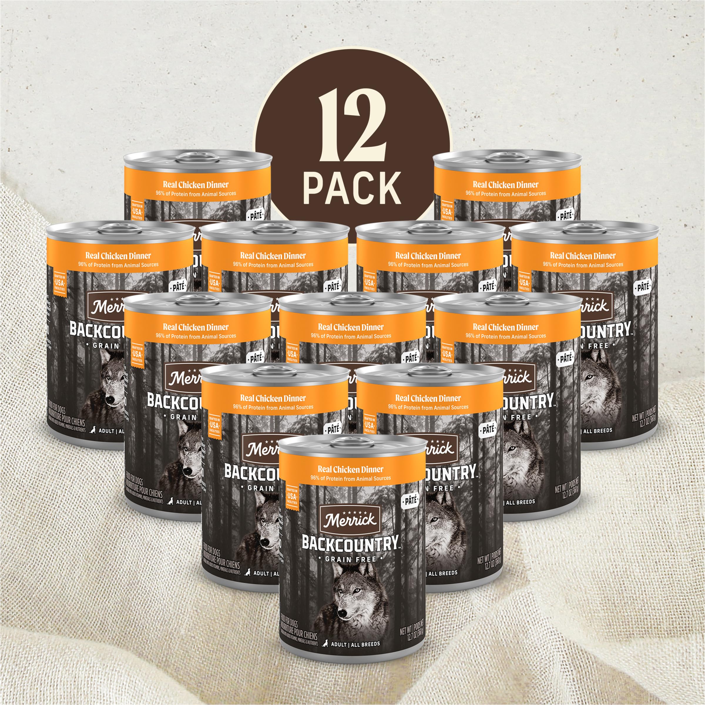 Merrick Backcountry pack of 12 cans display for convenient multi-meal sourcing.