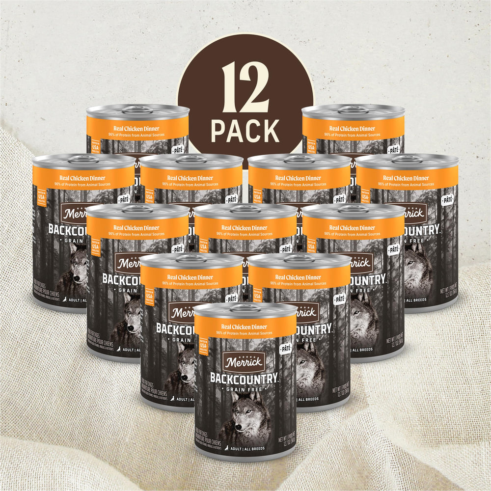 Merrick Backcountry pack of 12 cans display for convenient multi-meal sourcing.
