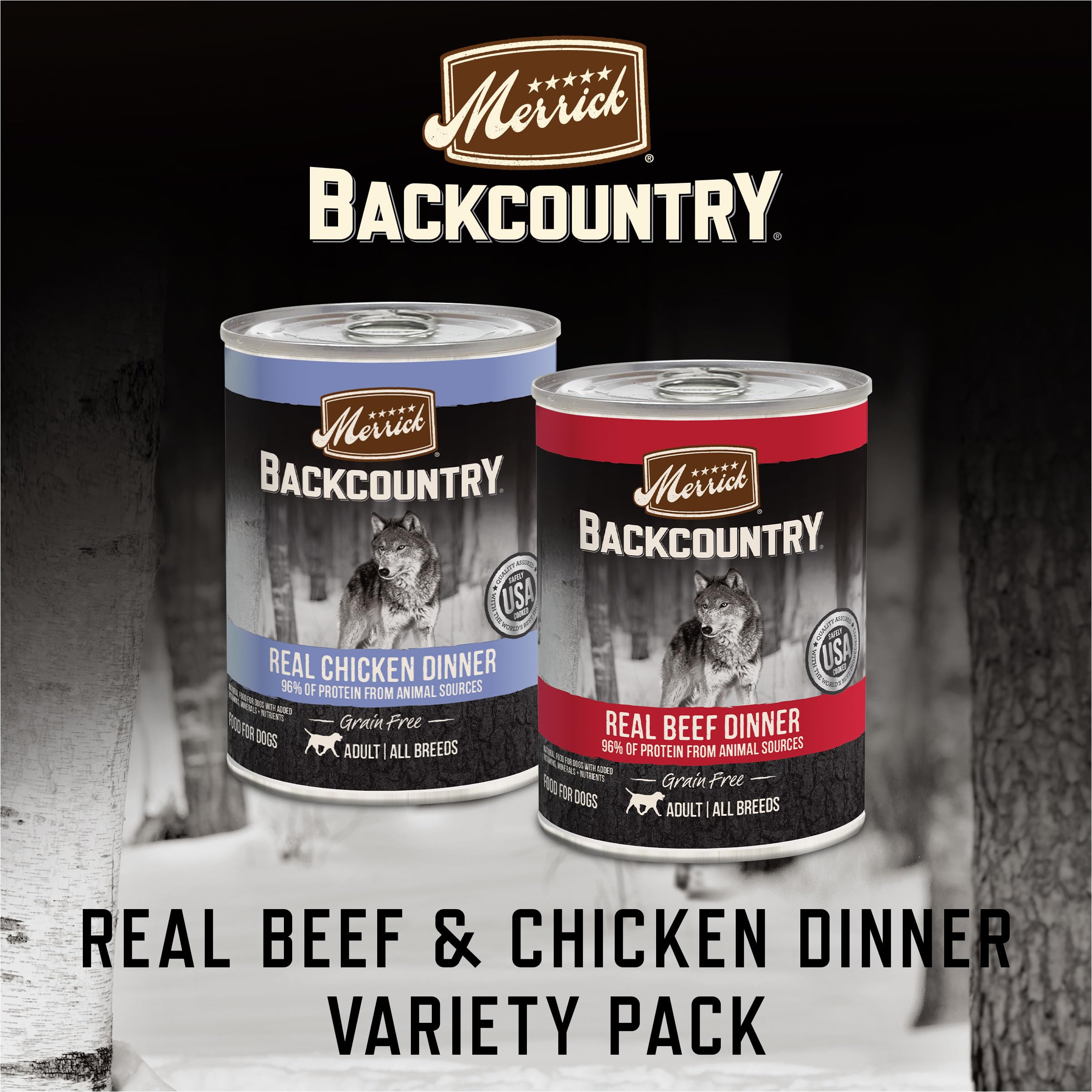 Cans from the Merrick Backcountry variety pack arranged for display.