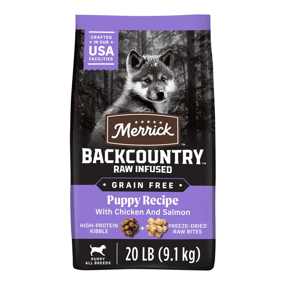 Merrick Backcountry puppy food bag shows grain-free formula for healthy growth.