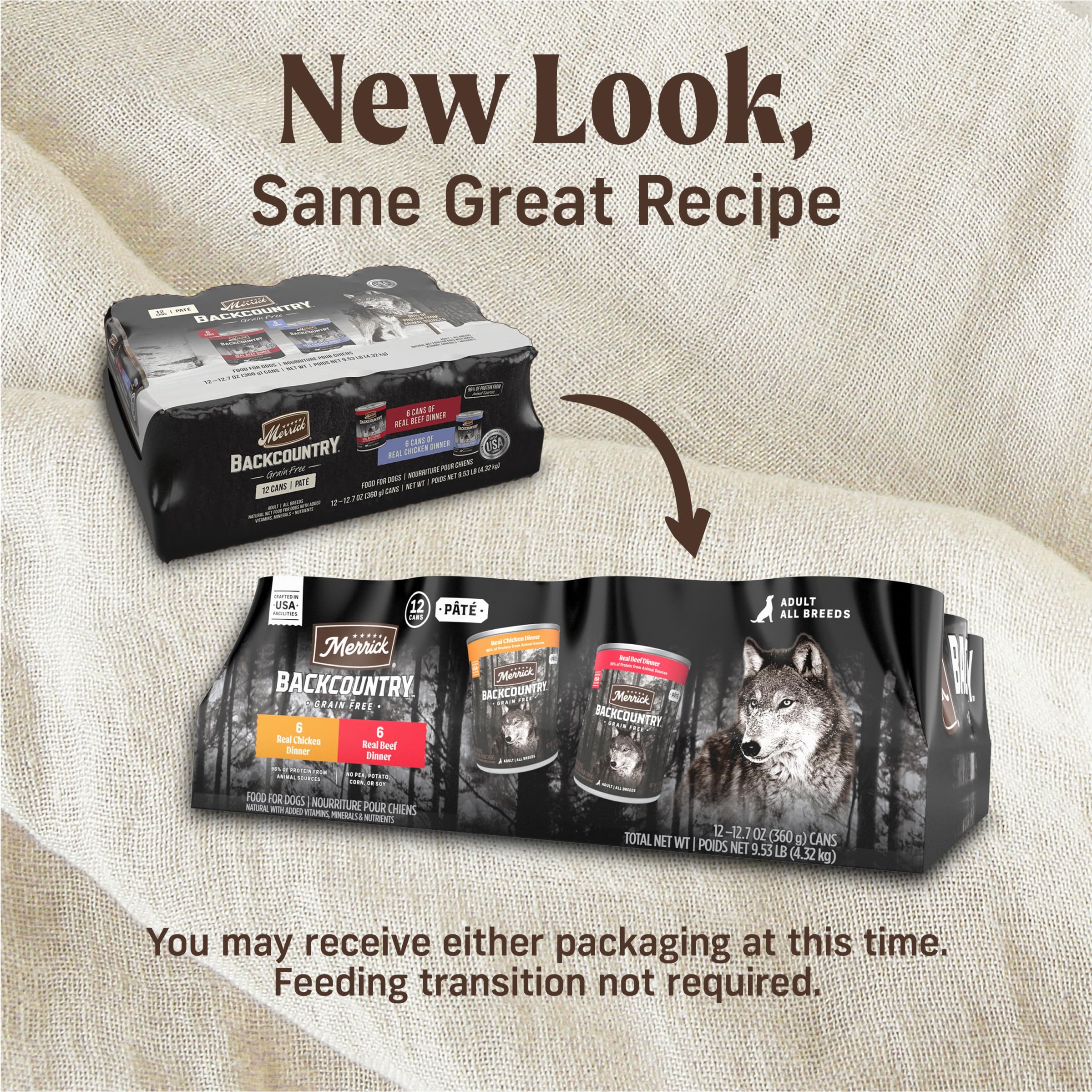 Merrick Backcountry real beef dinner can close-up highlights a protein-forward entrée.
