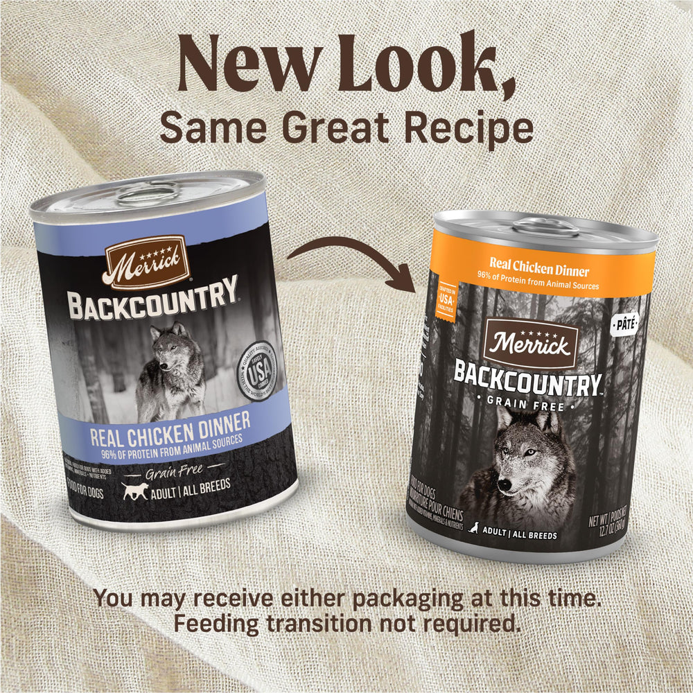Merrick Backcountry real chicken dinner label closeup highlights grain-free formula for sensitive stomachs.