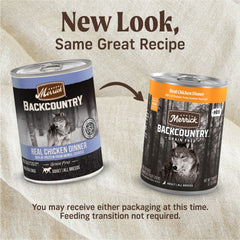 Merrick Backcountry real chicken dinner label closeup highlights grain-free formula for sensitive stomachs.