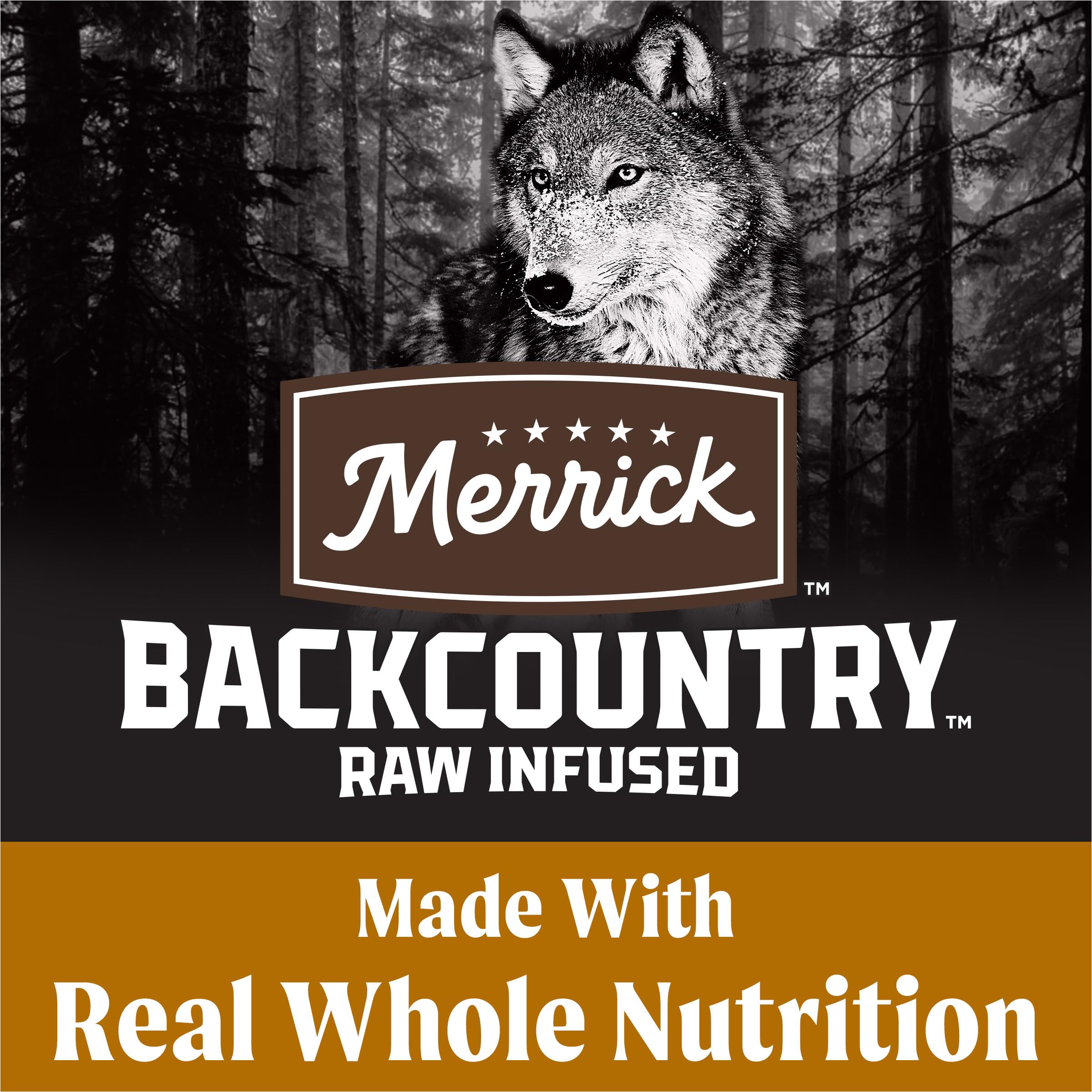 Merrick Backcountry real deboned lamb first ingredient highlights high-protein nutrition for energy.
