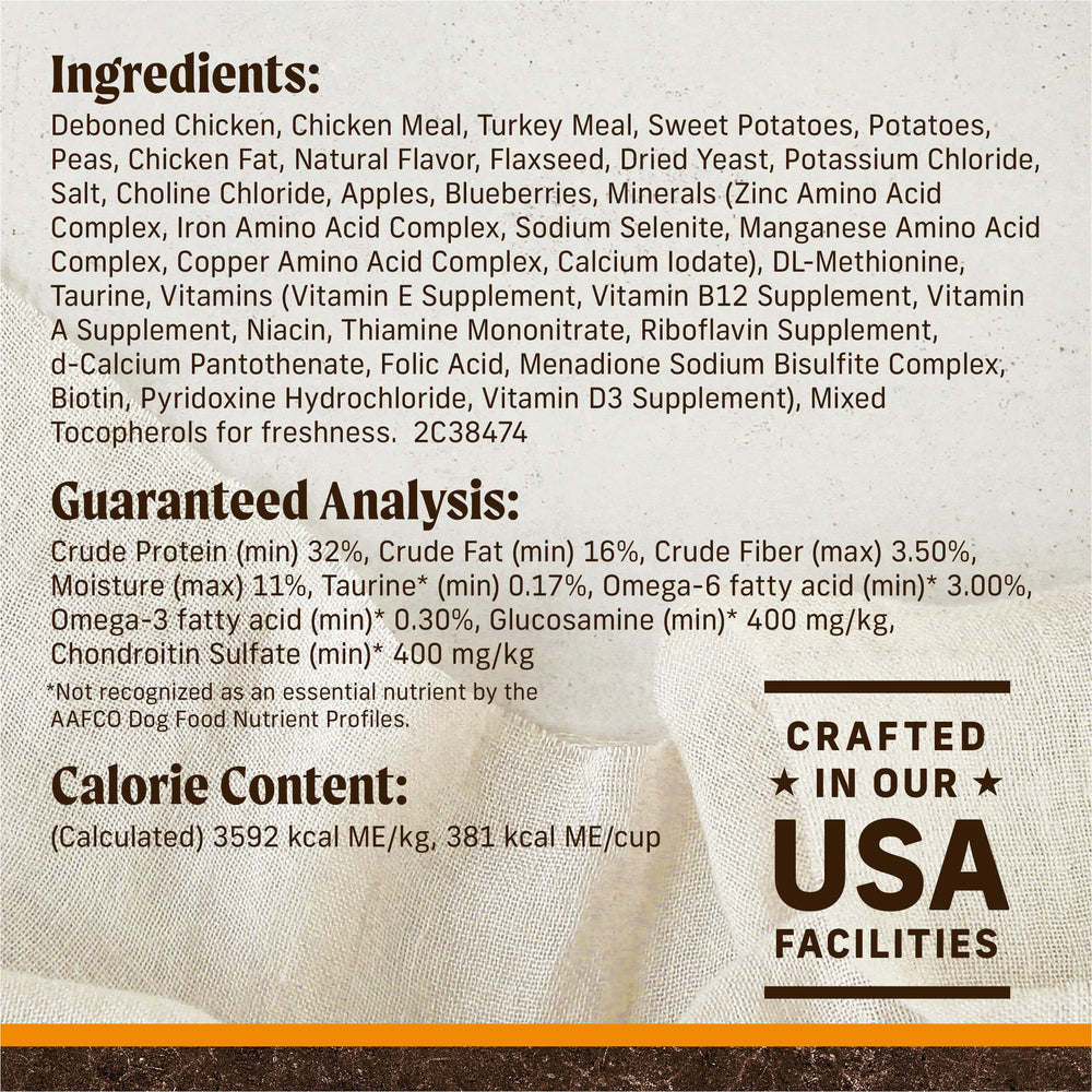 Merrick bag label close-up 30 lb highlighting real chicken and sweet potato.