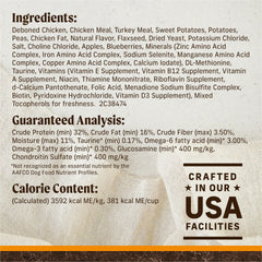 Merrick bag label close-up 30 lb highlighting real chicken and sweet potato.