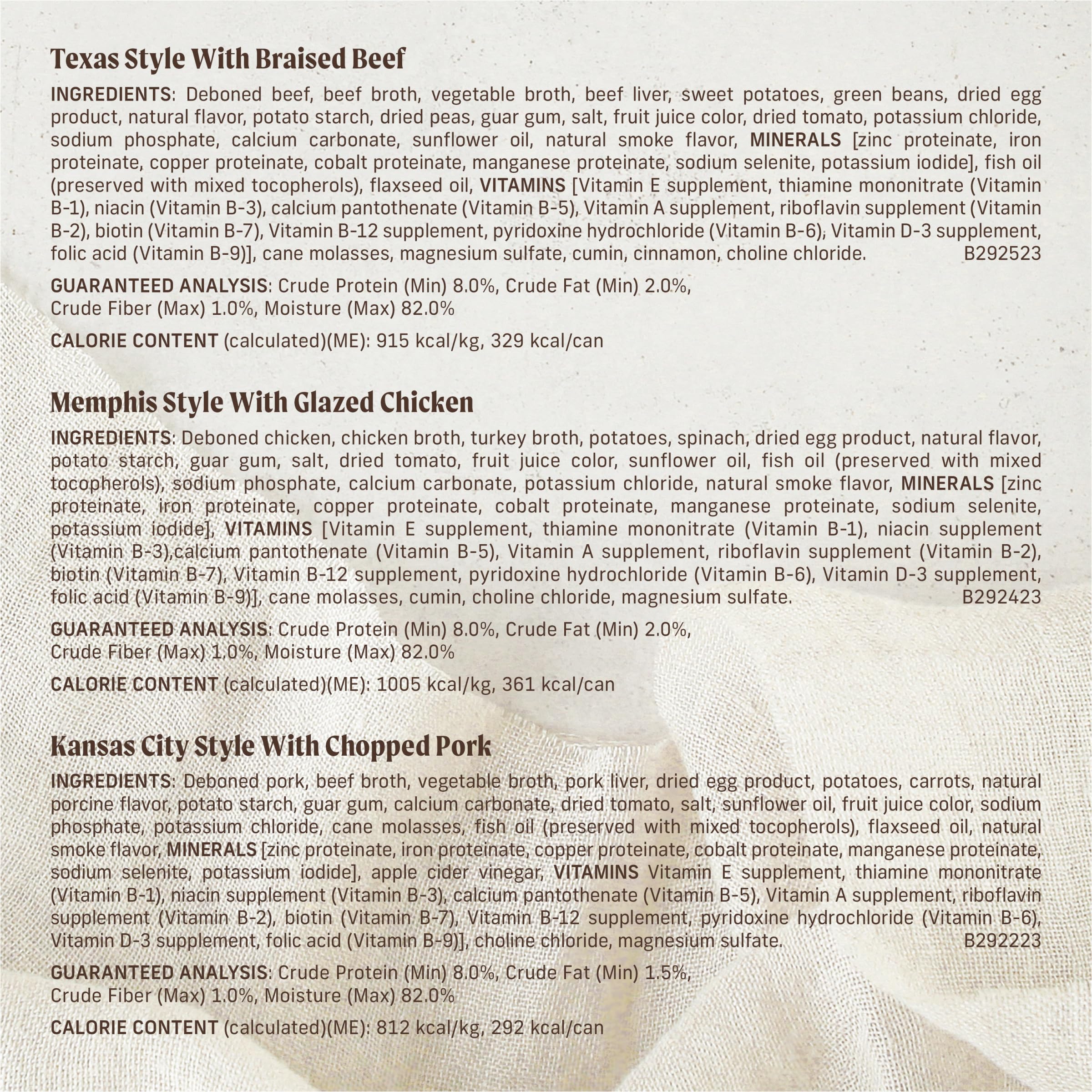 Merrick BBQ label packaging—grain-free, no artificial flavors.