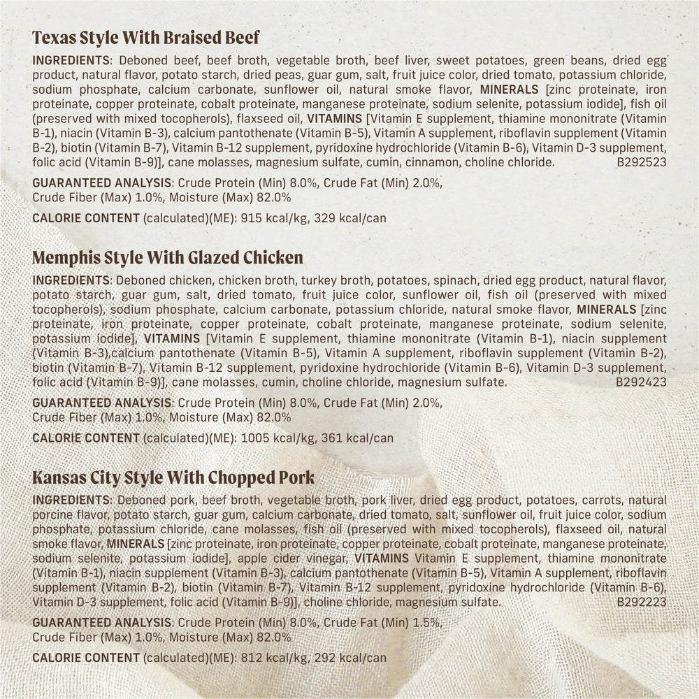 Merrick BBQ label packaging—grain-free, no artificial flavors.