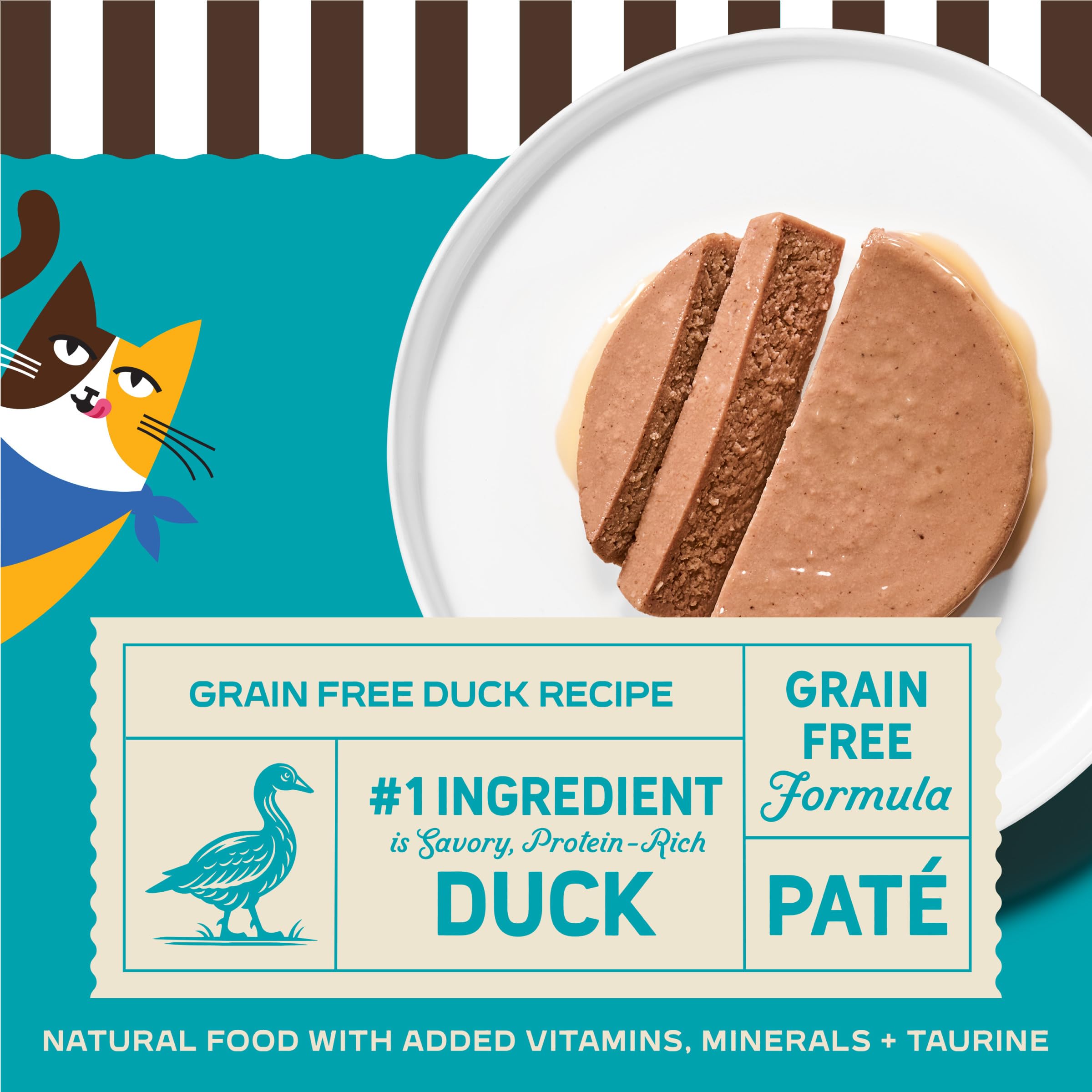 Merrick Purrfect Bistro cat enjoying duck pate with grain-free feeding.