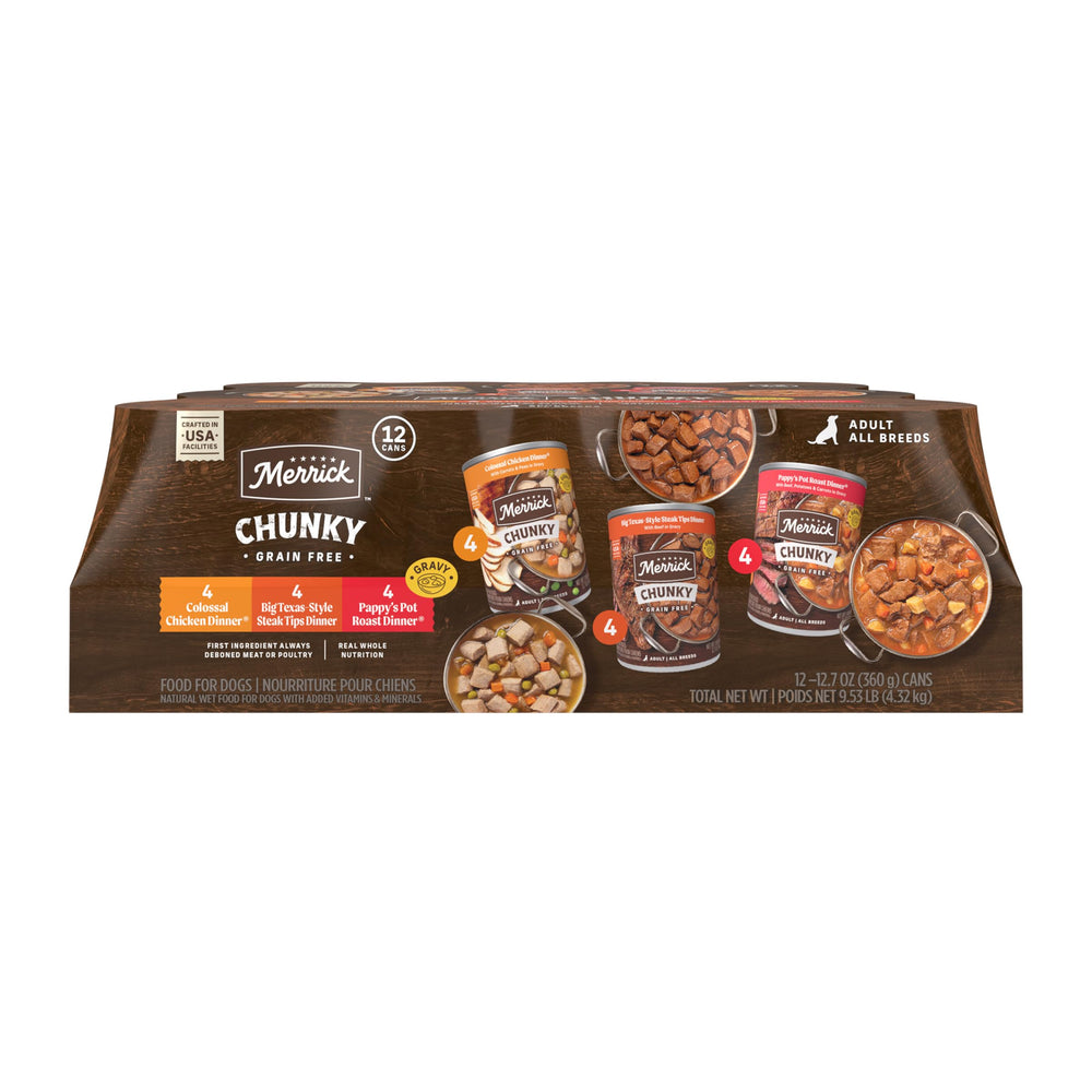 Merrick Chunky Beef Dinner cans with real meat chunks in savory gravy for hearty meals.