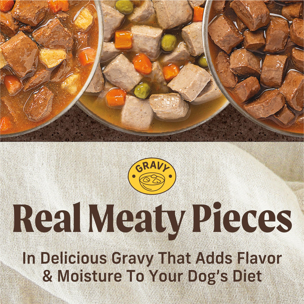 Merrick Chunky Chicken Dinner cans highlight real deboned chicken for high-protein meals.